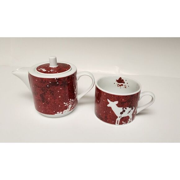 Rosanna Deer & Birds Red Porcelain Stacking Teapot & Teacup for One - Picture 5 of 12